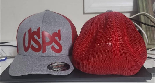 fitted red and gray cap